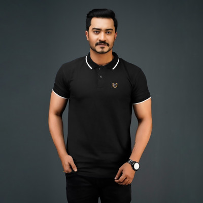 Men's Solid Texture Polo Shirt- Black